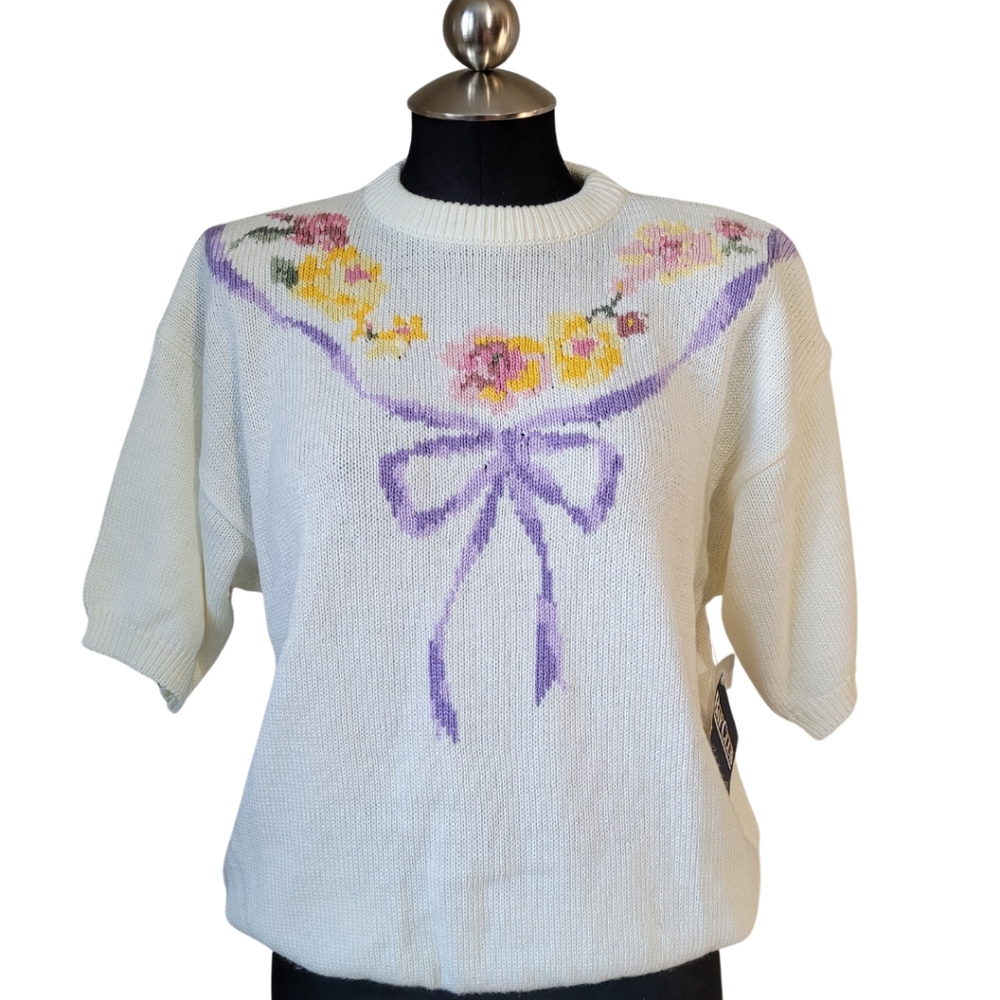 Vintage Floral Bow White Intarsia Knit Sweater